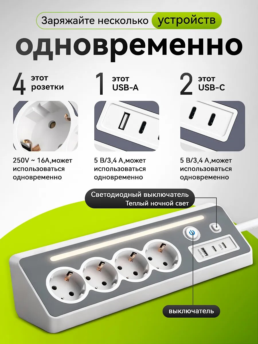 Удлинитель на 4 розетки (3680W, 16A) угловой с 2 Type-C и 1 USB Сетевой фильтр с защитой от перенапряжения и ночником Для кухни, столешницы и мебели