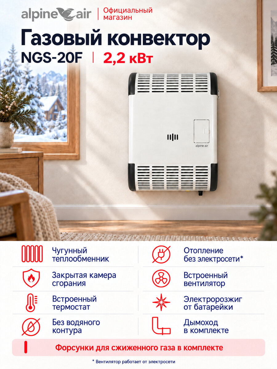 Газовый конвектор Alpine Air NGS-20F с чугунным теплообменником и вентилятором, 2 кВт