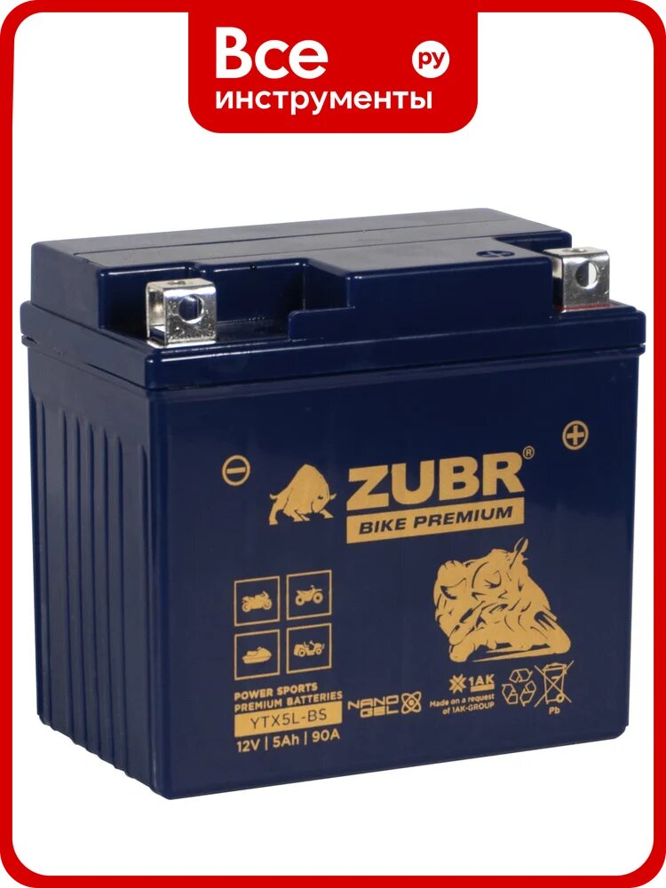 Мотоаккумулятор 12V 5 Ah BIKE PREMIUM YTX5L-BS R+ для мотоцикла, мопеда и скутера, гидроцикла, квадроцикла, снегохода 113x69x105 ZUBR YTX5L-BS