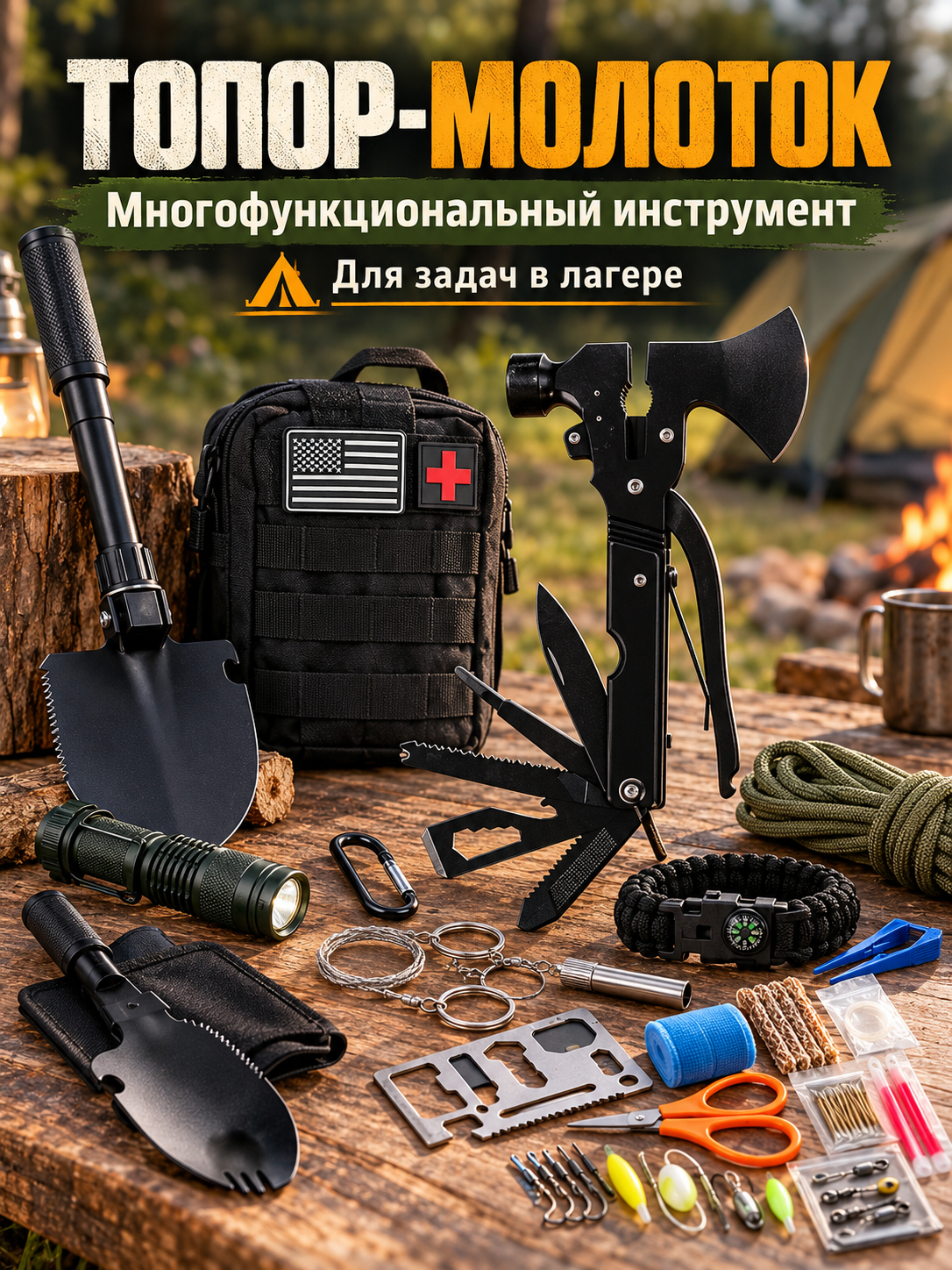 Набор инструментов для выживания и кемпинга, модель с топором-молотком, Вес 2230 г, Комплектация в наборе