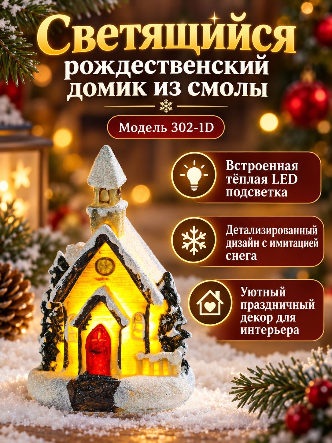 Светящийся рождественский домик из смолы, декоративная фигурка для интерьера: 302-1D-модель, с теплым LED-светом и имитацией снега на крыше