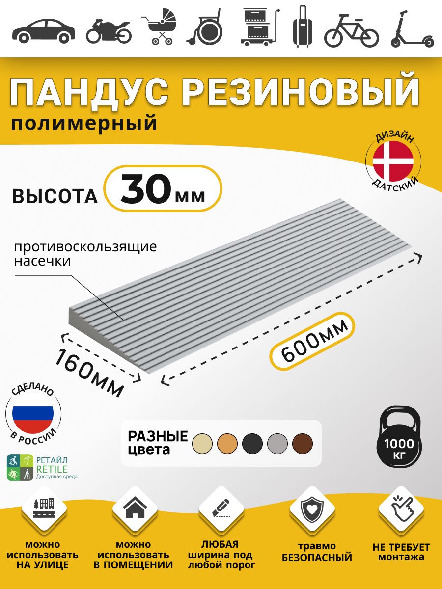 Пандус резиновый рубеж для порогов высотой 3 см (30х600х200 мм), серый, для колясок, склада и автомобилей