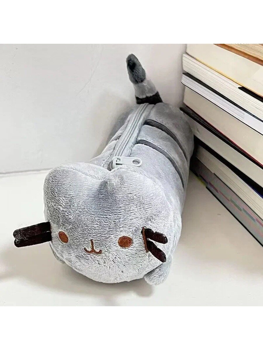 Школьный пенал-тубус (Кот Пушин) из плюша, серо-белый, 200x130x50