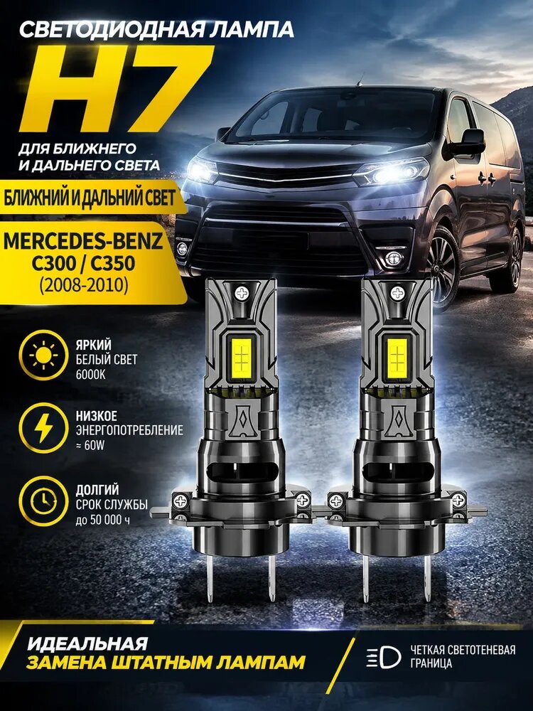 Лампа автомобильная H7, 2 шт. арт. Светодиодная лампа H7 для BMW 1Size E81/E82/E87/E88 (2004-2012), цоколь H7, ближний и дальний свет, 12 В, 2 шт.