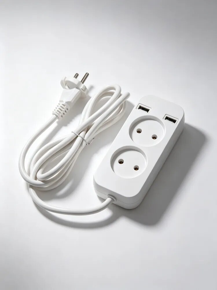 Удлинитель белый, 2 евро розетки без заземления + 2 USB порта, кабель 1,5 м, 10А 250В, общий выход USB 5В 2А для дома и офиса