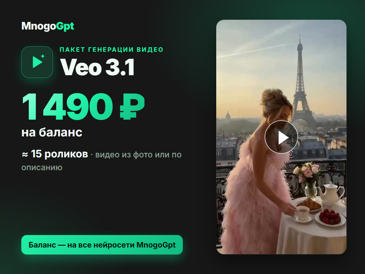 Оживить фото: нейросеть для видео Veo 3.1 — без подписки, баланс 1 490 ₽ в кабинете MnogoGpt, ≈15 роликов