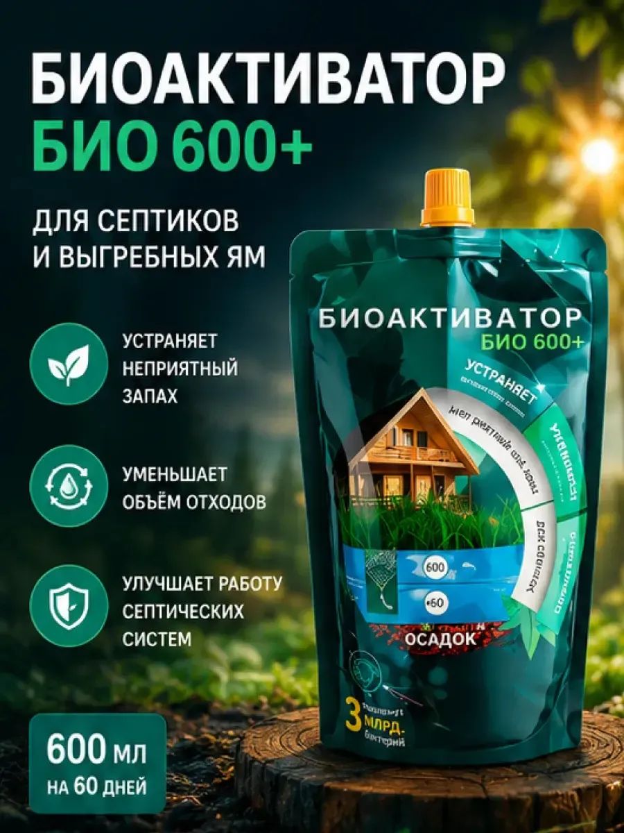 Биоактиватор Био 600+ для выгребной ямы, для септиков. 1 штука 300 грамм. Устраняет неприятный запах, уменьшает объем отходов