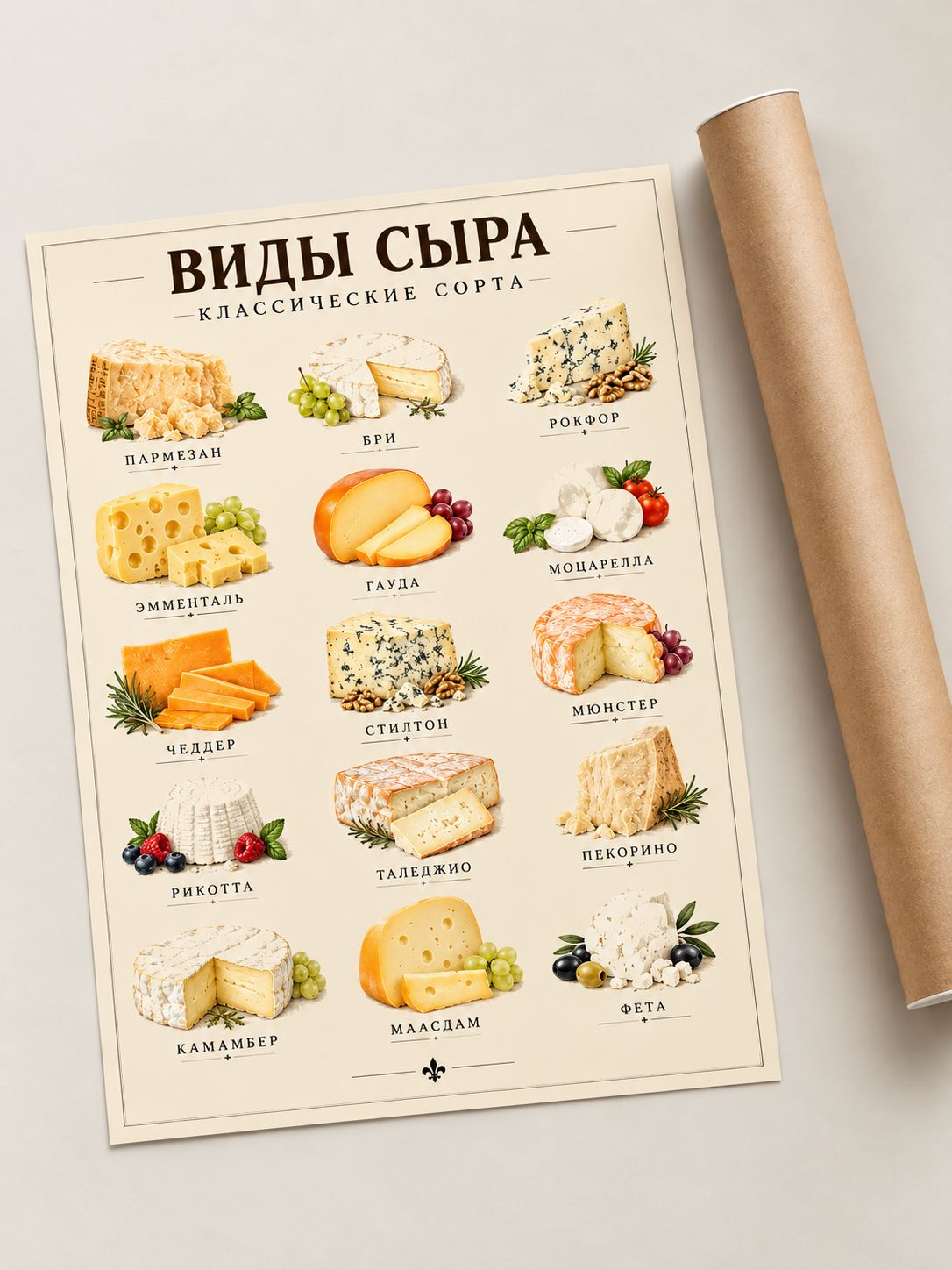 Постер на кухню Виды сыра - без рамы, размер A3
