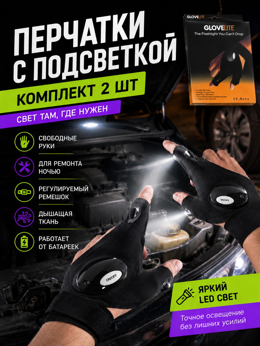 Перчатки с фонариком, перчатки с подсветкой, фонарик ручной, митенки, в комплекте 2 штуки на левую и правую руку, цвет черный