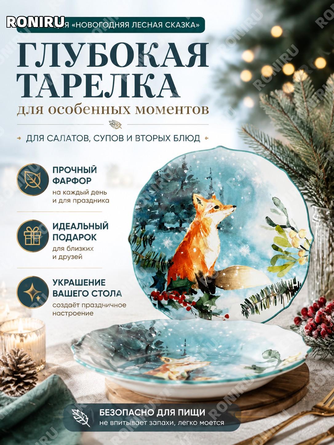 Глубокая фарфоровая тарелка "Лиса" Новогодняя лесная сказка для салатов супов и вторых блюд подарок украшение стола
