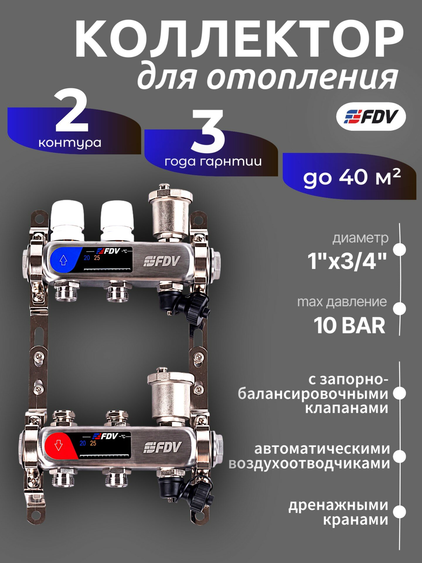 Коллектор для отопления 2 контура FDV из нержавеющей стали с запорно-балансировочными клапанами, автоматическими воздухотводчиками и дренажными кранами серия S1104A