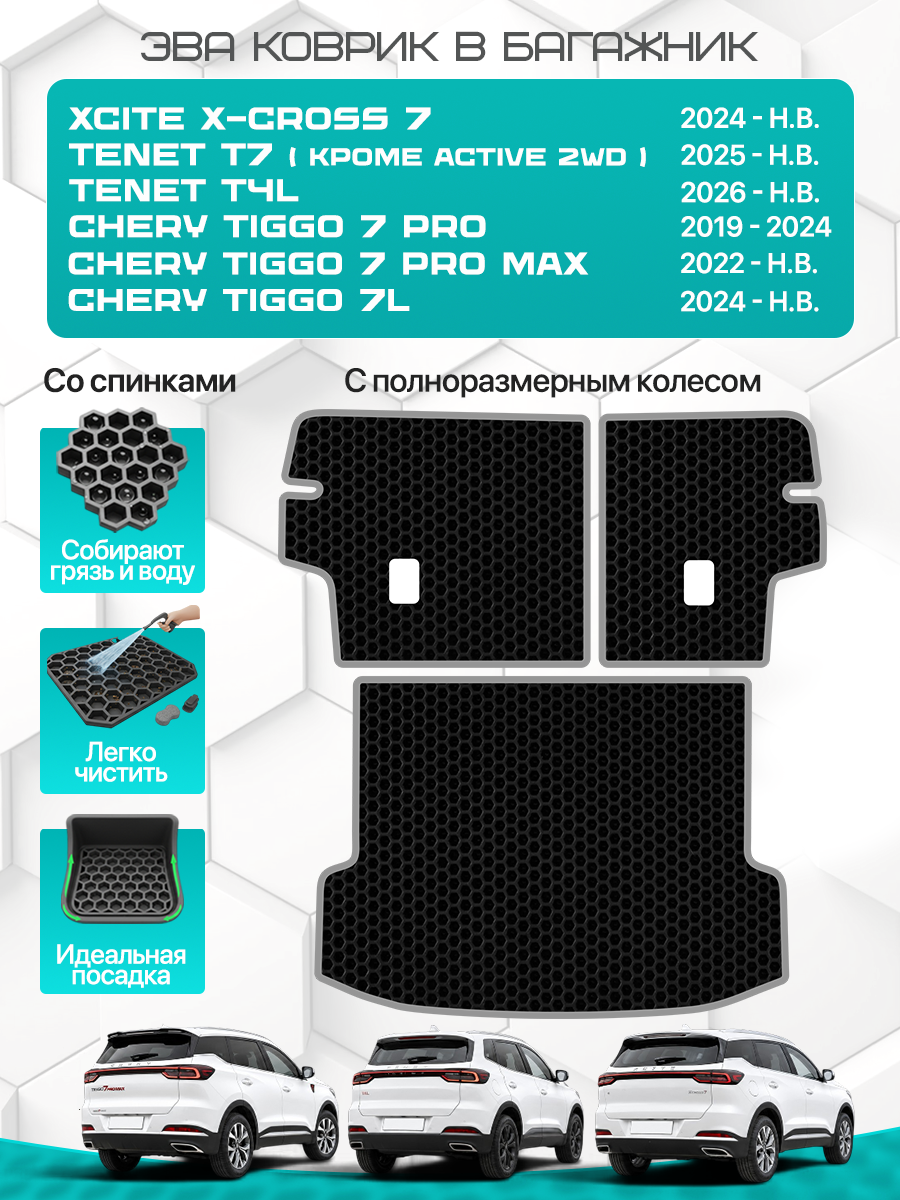 Коврик в багажник и на спинки сидений для XCITE X-CROSS 7, Chery Tiggo 7 Pro / 7 Pro Max, Tiggo 7L, Tenet T7( кроме Active 2WD), TENET T4L (с полноразмерным колесом), с серым кантом ( Икссайт Икс 7, Тенет Т4Л / T7 , Черри Тигго 7 Про / 7 Про Макс / 7л )