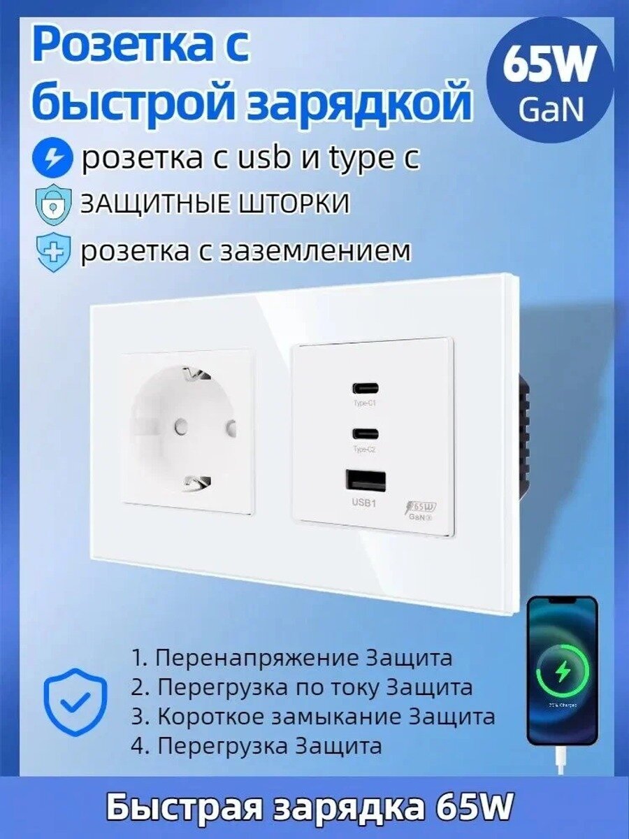Розетка электрическая двойная с USB и type-C быстрая зарядка 65W и розеткой EU 220V, рамка закаленное стекло белый