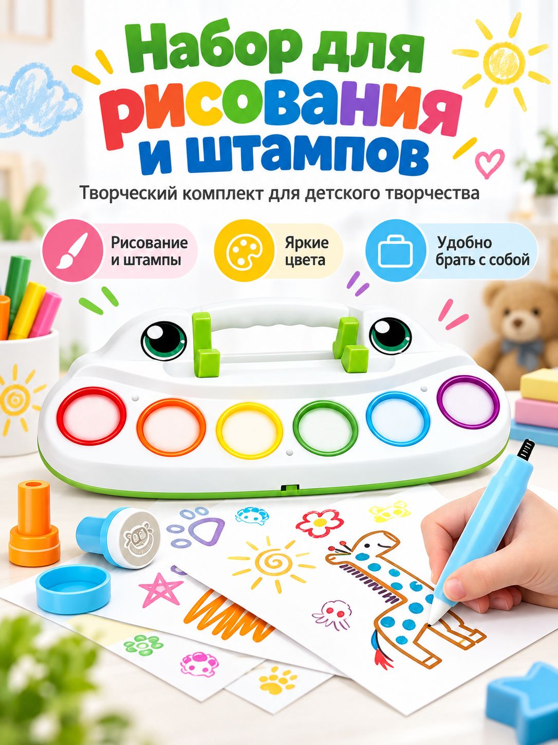 Набор для рисования детский в чемоданчике со штампами и ручкой