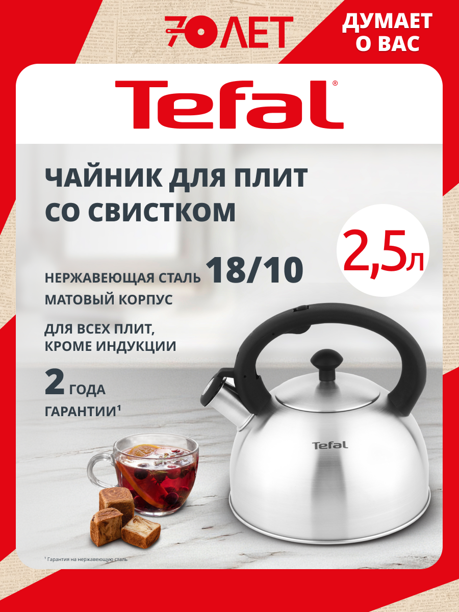 Чайник для плиты Tefal Nova 2,5 л, из матовой нержавеющей стали, со свистком, для всех плит, кроме индукции