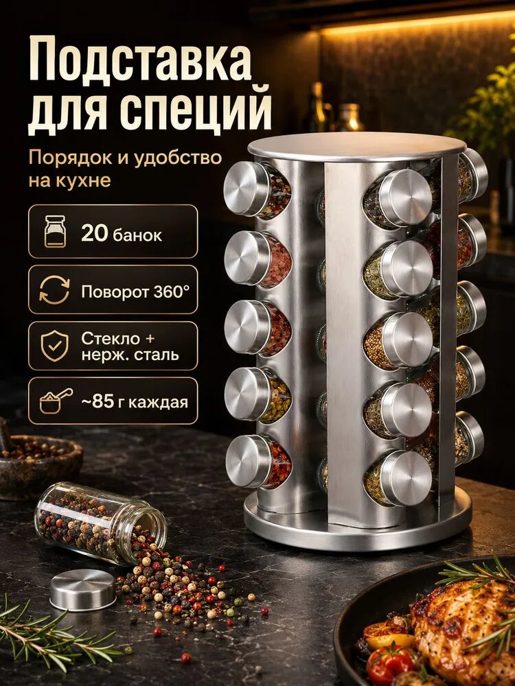 Вращающаяся подставка для специй с 20 баночками, стекло и нержавеющая сталь, серебристый