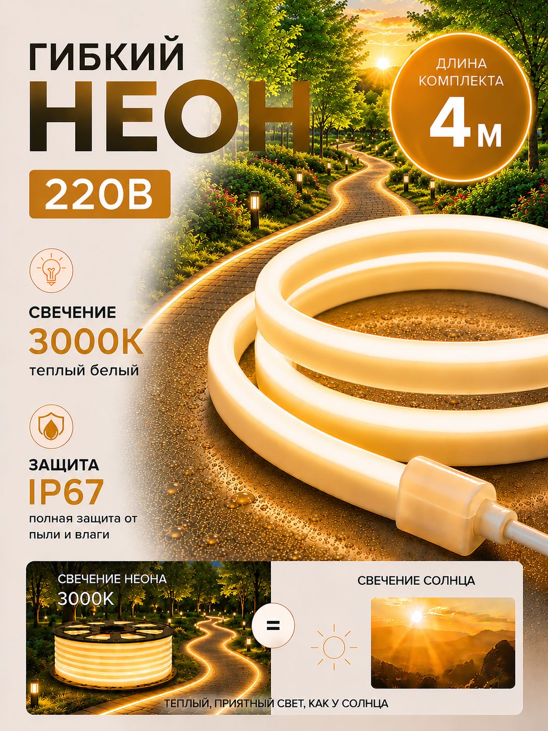 Светодиодный неон 3000К(теплый белый) 4 метра(готовый комплект). Яркое освещение фасадов зданий и ландшафта 120led/m. Защита IP67 сечение 8х16мм декоративная интерьерная LED иллюминация потолков.