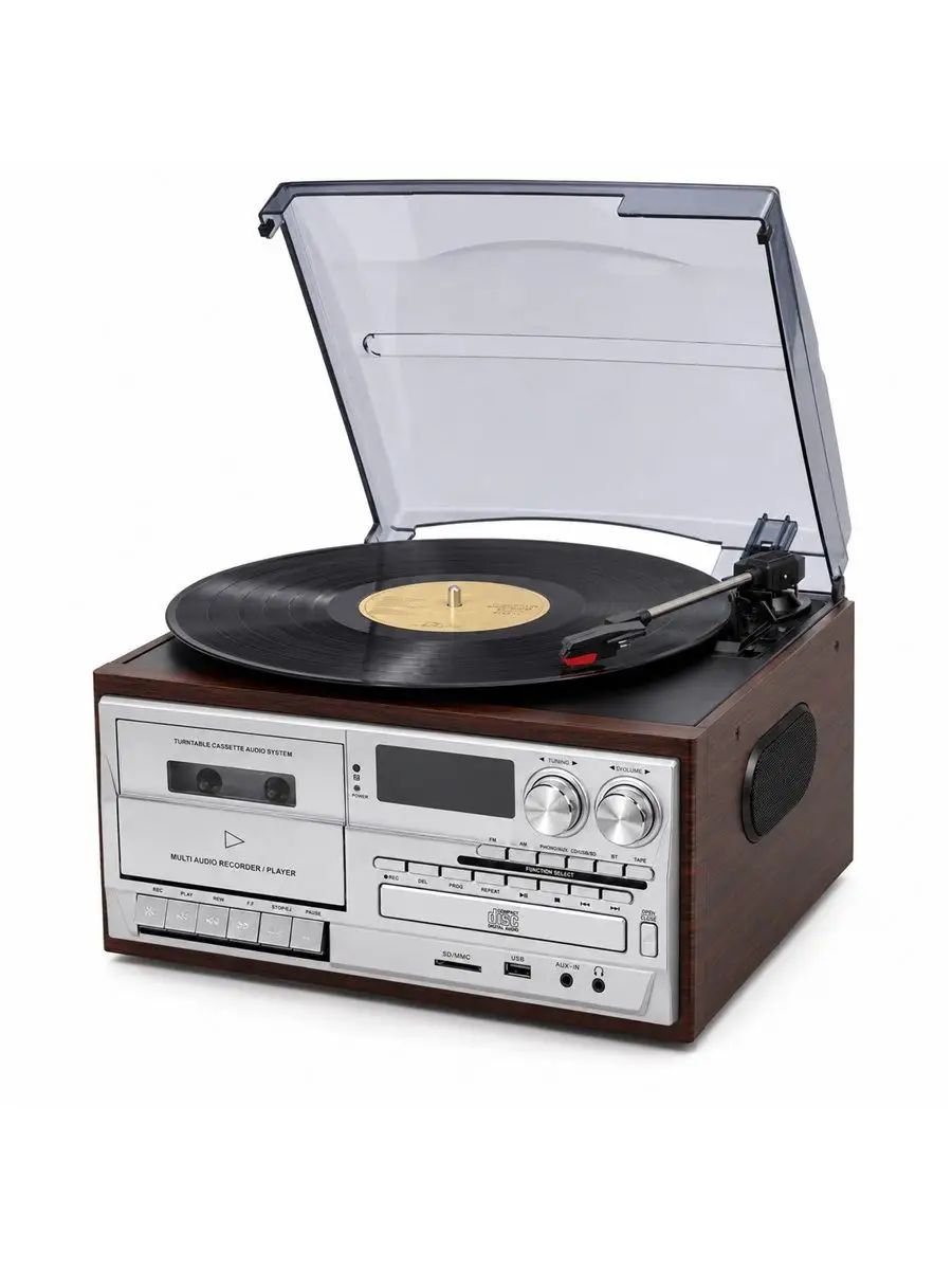 Виниловый проигрыватель ретро с Bluetooth, CD, кассетой, FM/AM радио, USB, SD, AUX, пультом ДУ и встроенными динамиками