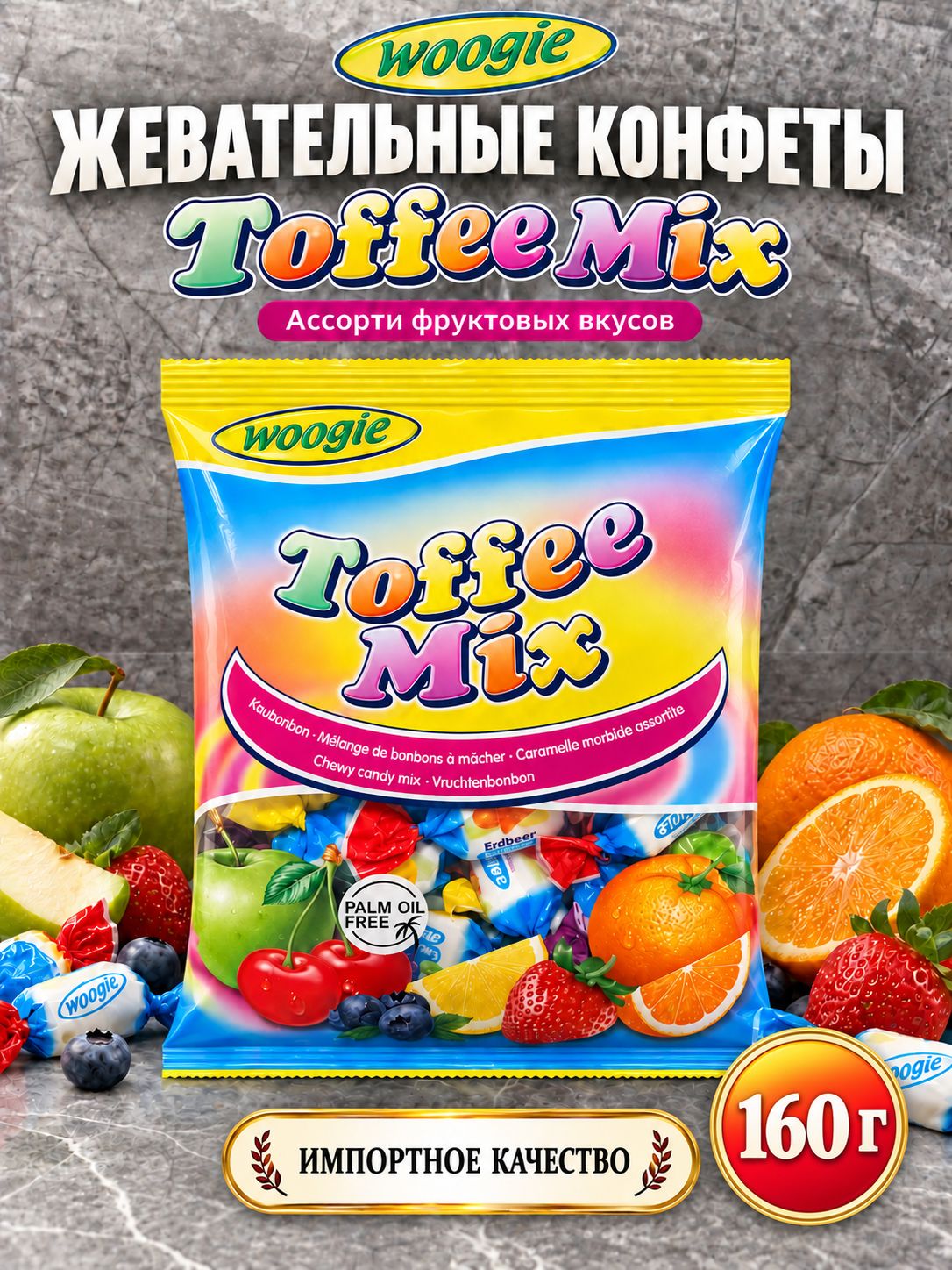 Конфеты Woogie Toffee Mix с фруктовыми вкусами 160 гр. (м/у)