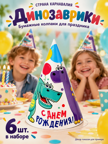 Изображение товара Колпак бумажный Страна Карнавалия "Динозаврики", в наборе 6 шт, для праздника