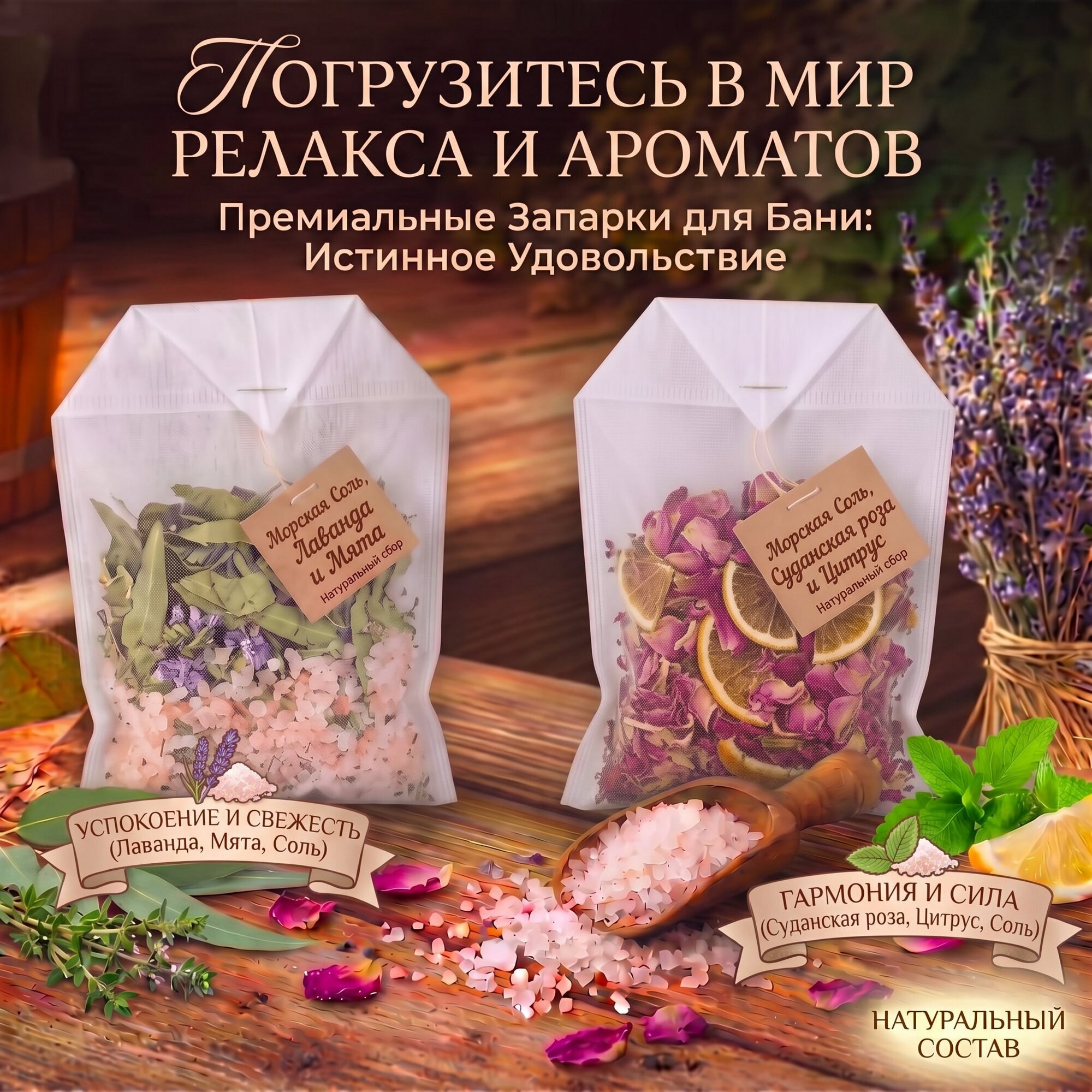 Набор Запарок для бани "Майская роза" и "Лавандовый сон" в фильтр-пакетах, SPA набор для ароматного парения и водных процедур