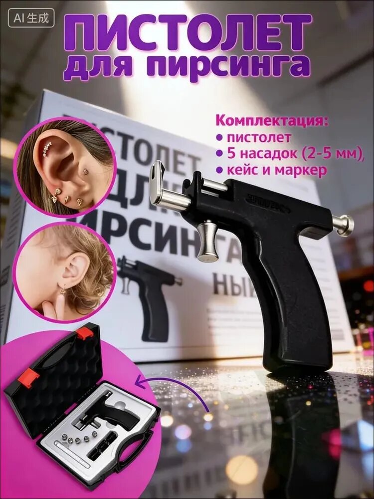 Пистолет для пирсинга прокола ушей многоразовый набор 98 сережек; профессиональный инструмент для пирсинга в кейсе с 5 насадками 2-5 мм для дома и салона; безболезненный прокол хряща и мочки уха