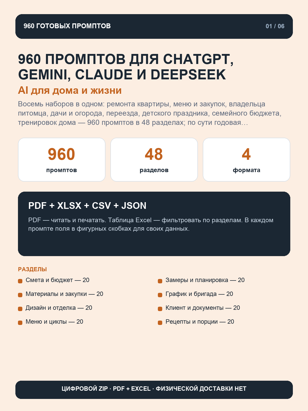 AI для дома и жизни: 960 промптов для ChatGPT, Gemini, Claude и DeepSeek, цифровой ZIP PDF и Excel