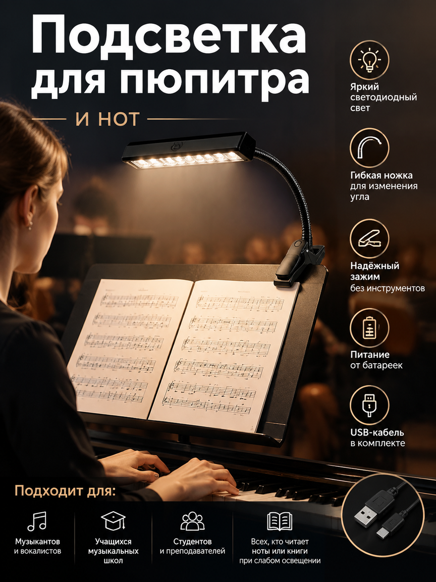 Светодиодная подсветка для пюпитра и нот с зажимом и гибкой ножкой, черная, с USB-кабелем