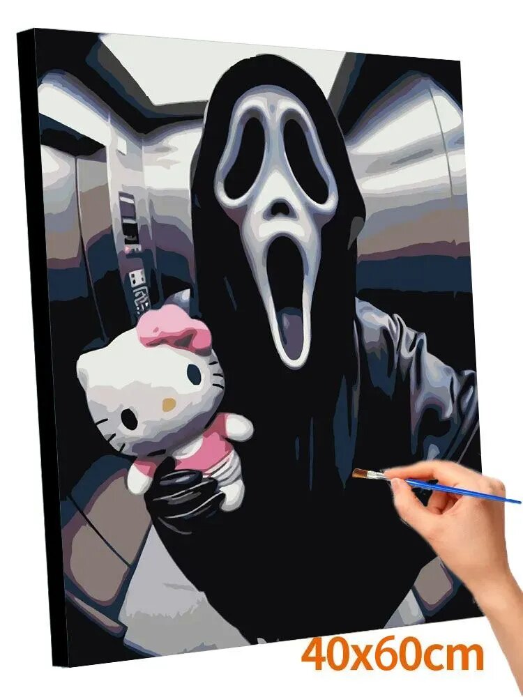 Картина По Номерам Для Взрослых Начинающих, 40x60см, Ужастик Кино Крик Hello Kitty