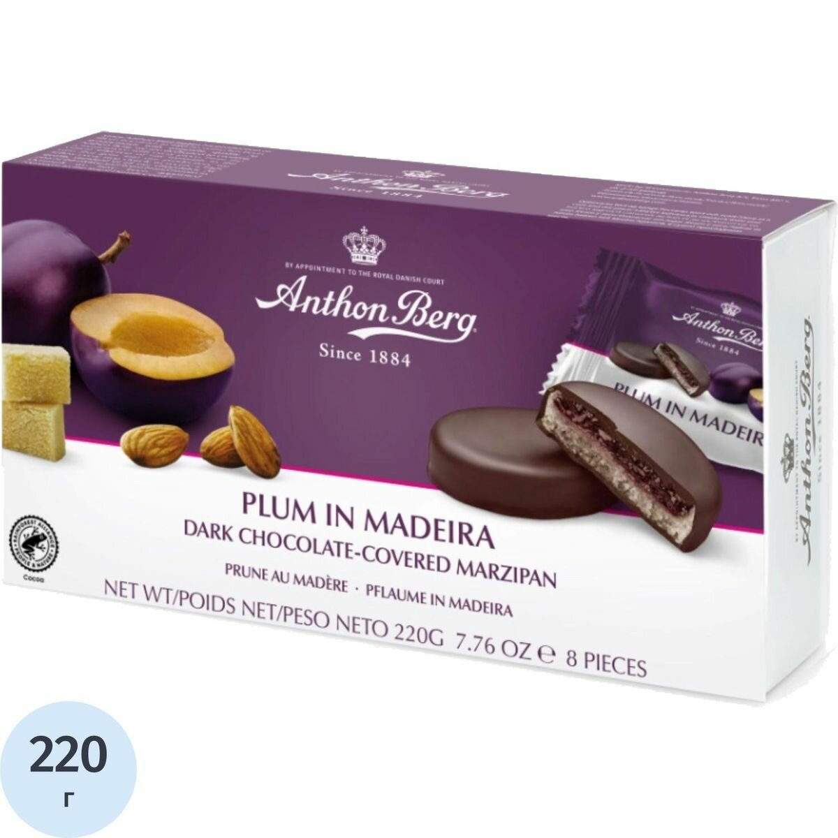 Конфеты Anthon Berg шоколадные с марциппаном слива в мадейре, 220г (2468483), 12шт.