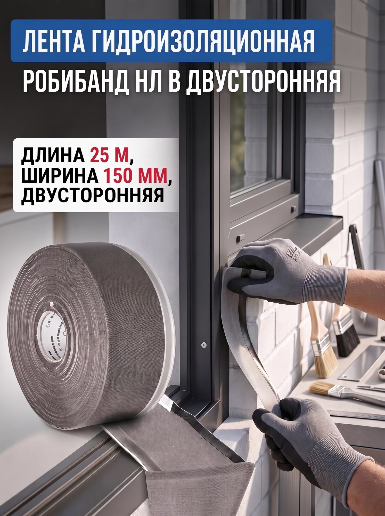 Гидроизоляционная лента наружная для окон и дверей двусторонняя Робибанд НЛ В 150 мм * 25 м самоклеящаяся диффузионная монтажная
