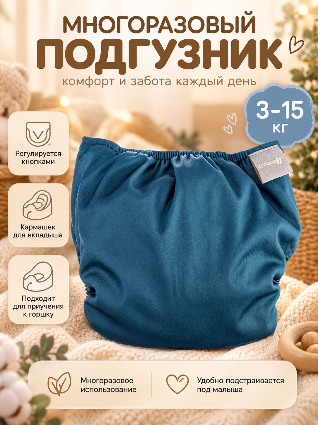 Многоразовый подгузник Крошка Я, флис, цвет темно зеленый, 3-15 кг