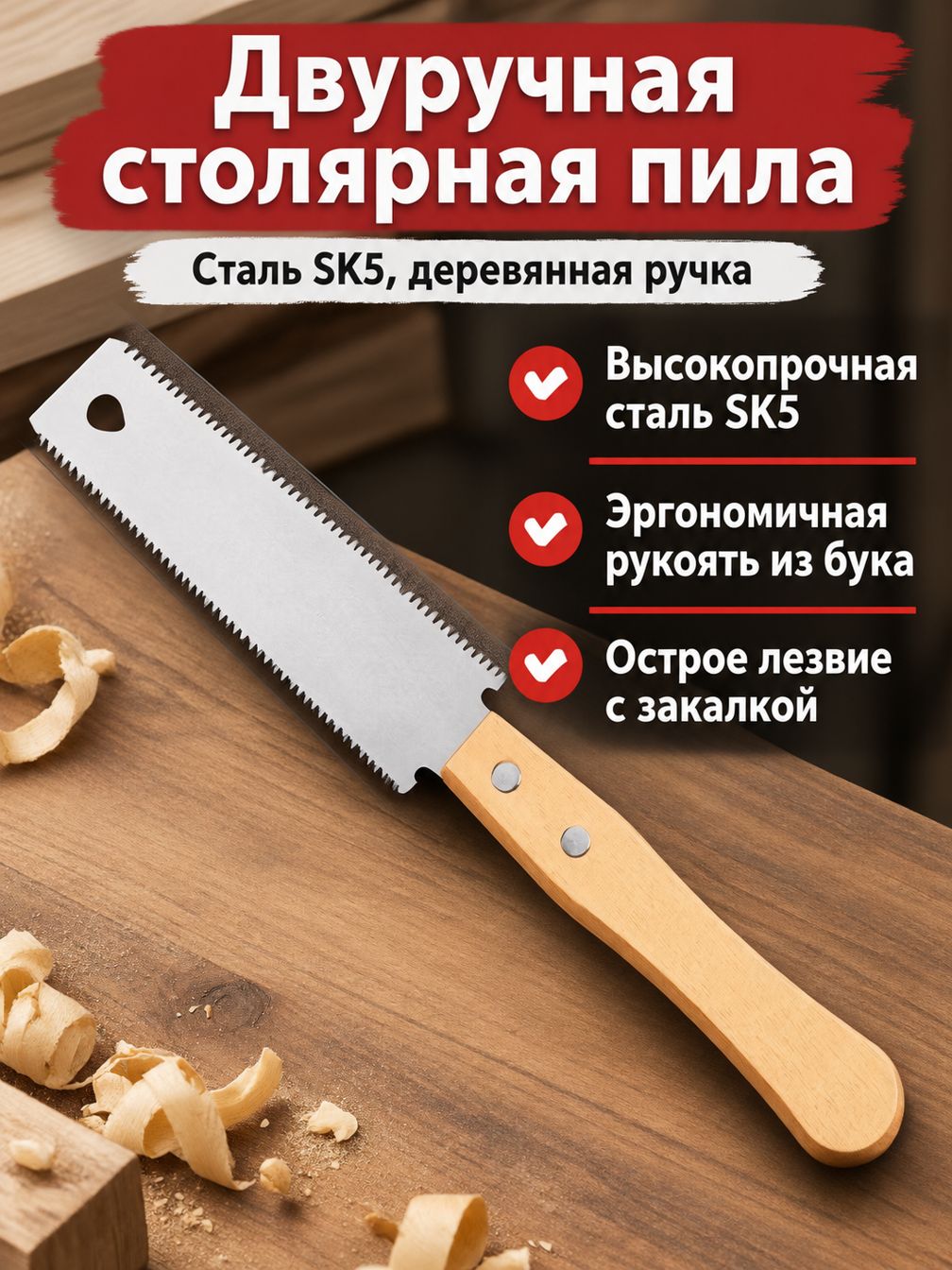 Ручная пила по дереву с двусторонним полотном, длина 310 мм, SK5 сталь, буковая ручка