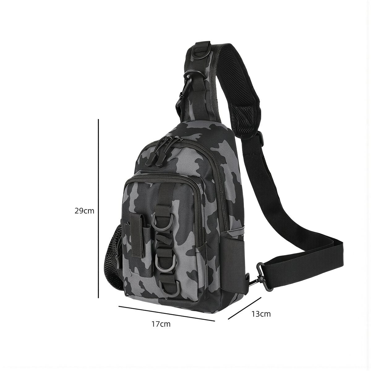 Слинг для рыбалки многофункциональный, размеры 29 на 17 на 13 см, водонепроницаемый, износостойкий материал, Серый камуфляж