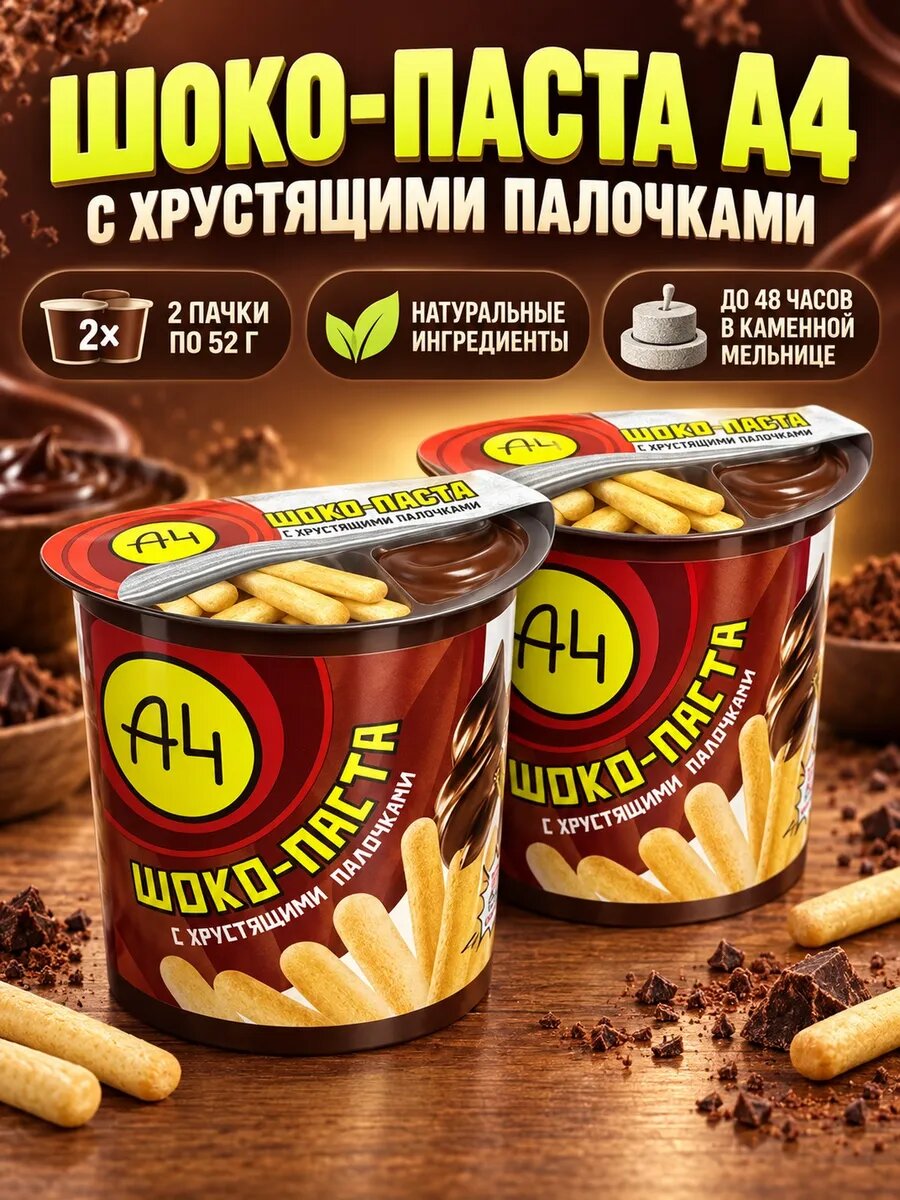 Набор шоко-паста 2 пачки по 52 гр набор "А4" с палочками 2 штуки, фабричное производство, вид шоколада молочный