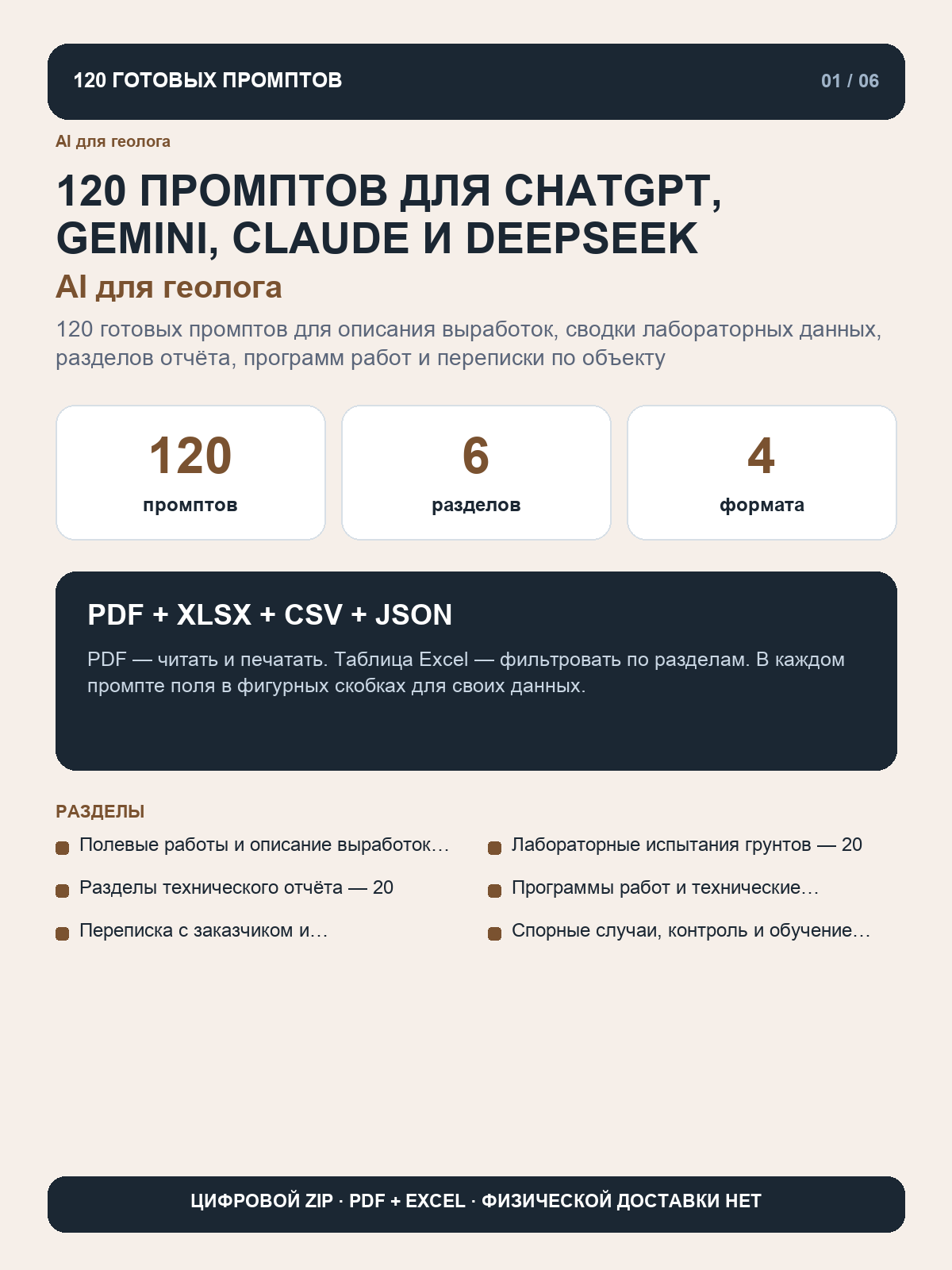 AI для геолога: 120 промптов для ChatGPT, Gemini, Claude и DeepSeek, цифровой ZIP