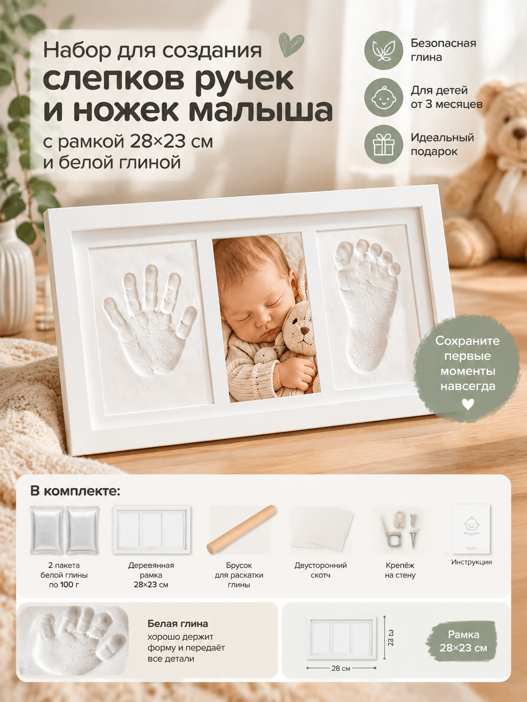 Набор для создания слепков ручек и ножек малыша с рамкой 28×23 см и белой глиной