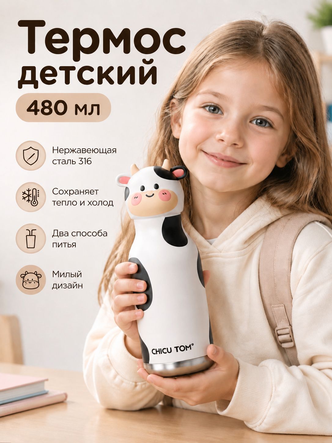 Детский термос 480 мл (0,5 л) с трубочкой 2 в 1, термобутылка поильник-непроливайка, детская бутылка для воды в школу и сад, для мальчика и девочки
