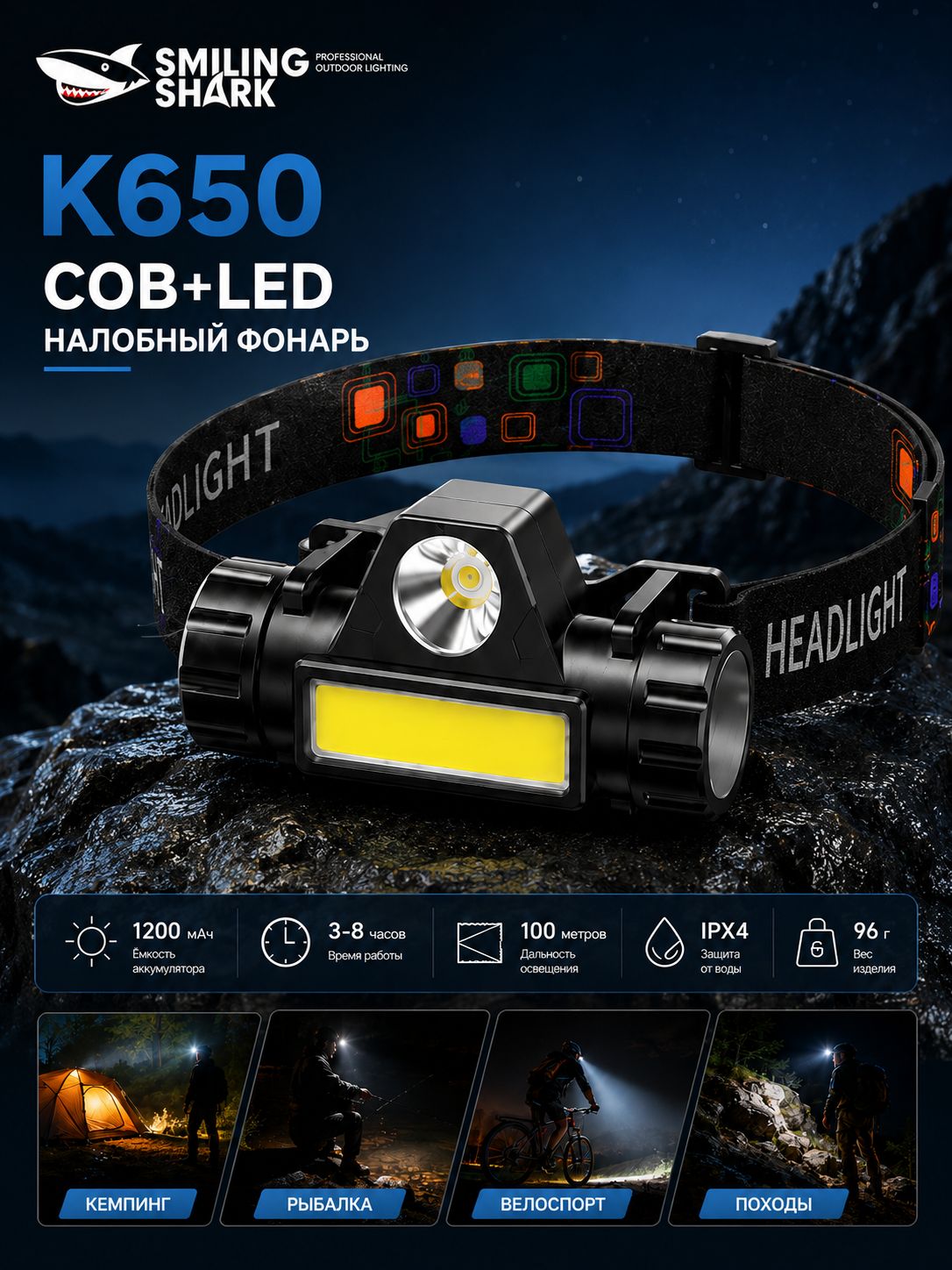 Налобный фонарь с задним светом SMILING SHARK K110TDD