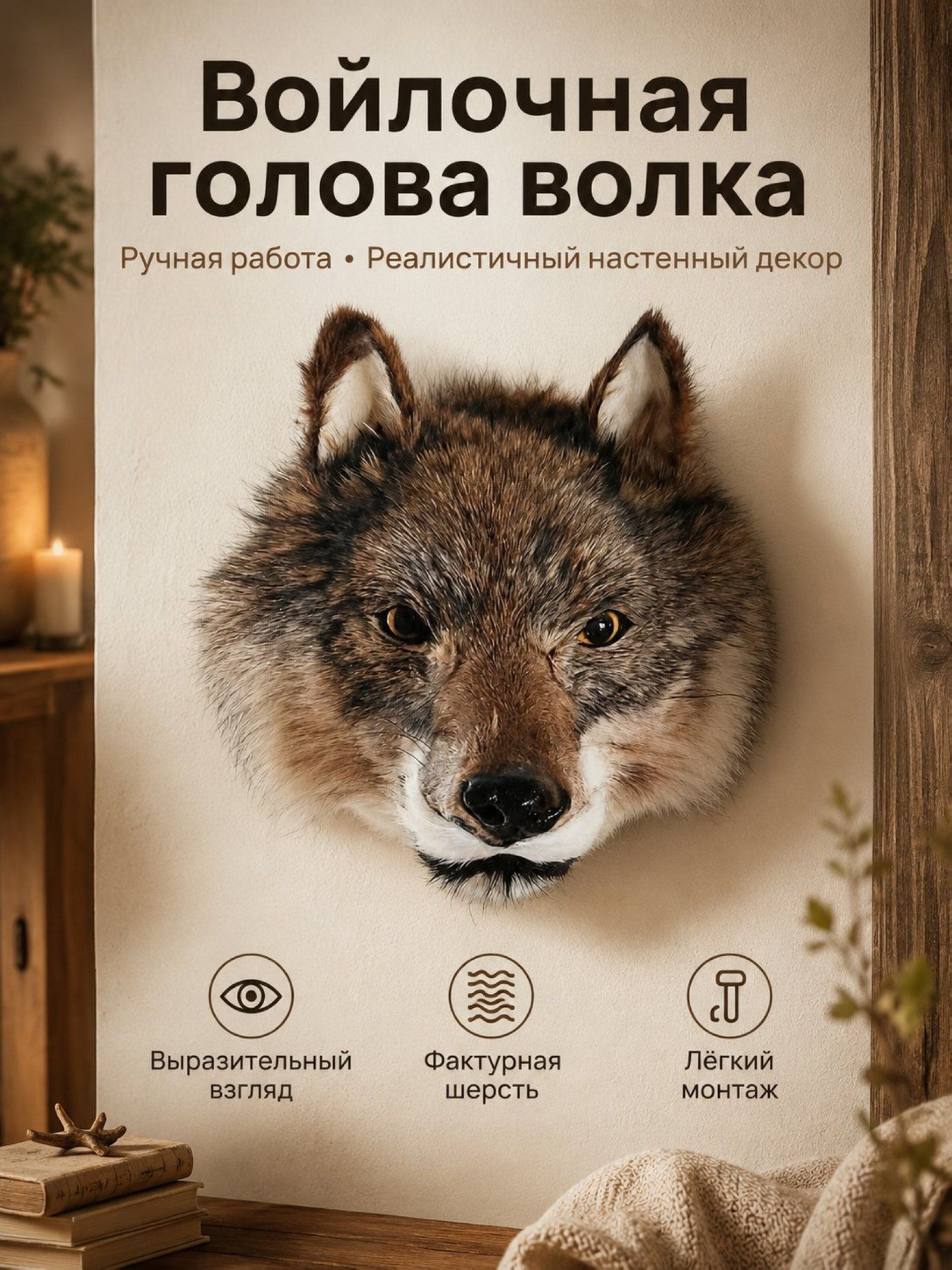 Войлочная голова волка ручной работы, реалистичный настенный декор
