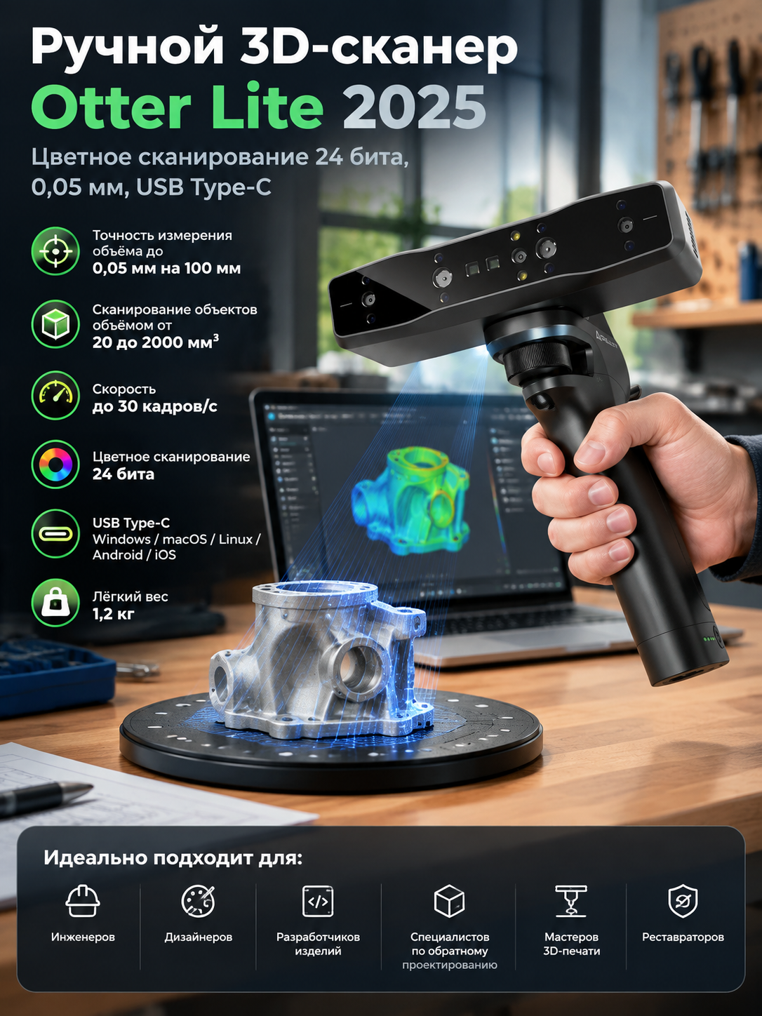 Ручной 3D-сканер Otter Lite 2025: цветное сканирование 24 бита, 0,05 мм, USB Type-C
