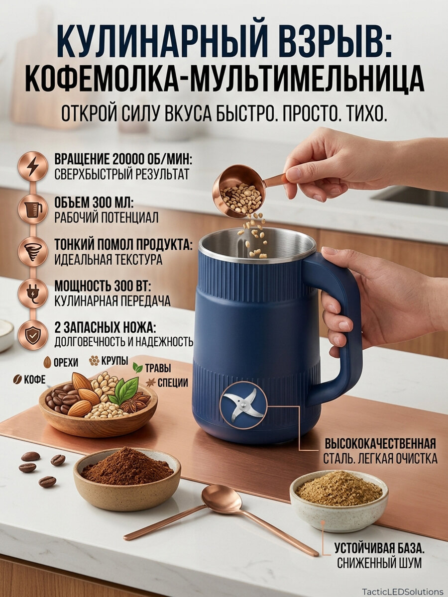 Электрическая мельница 300вт, для зерна/орехов, металл/пластик, планетарное движение/синяя