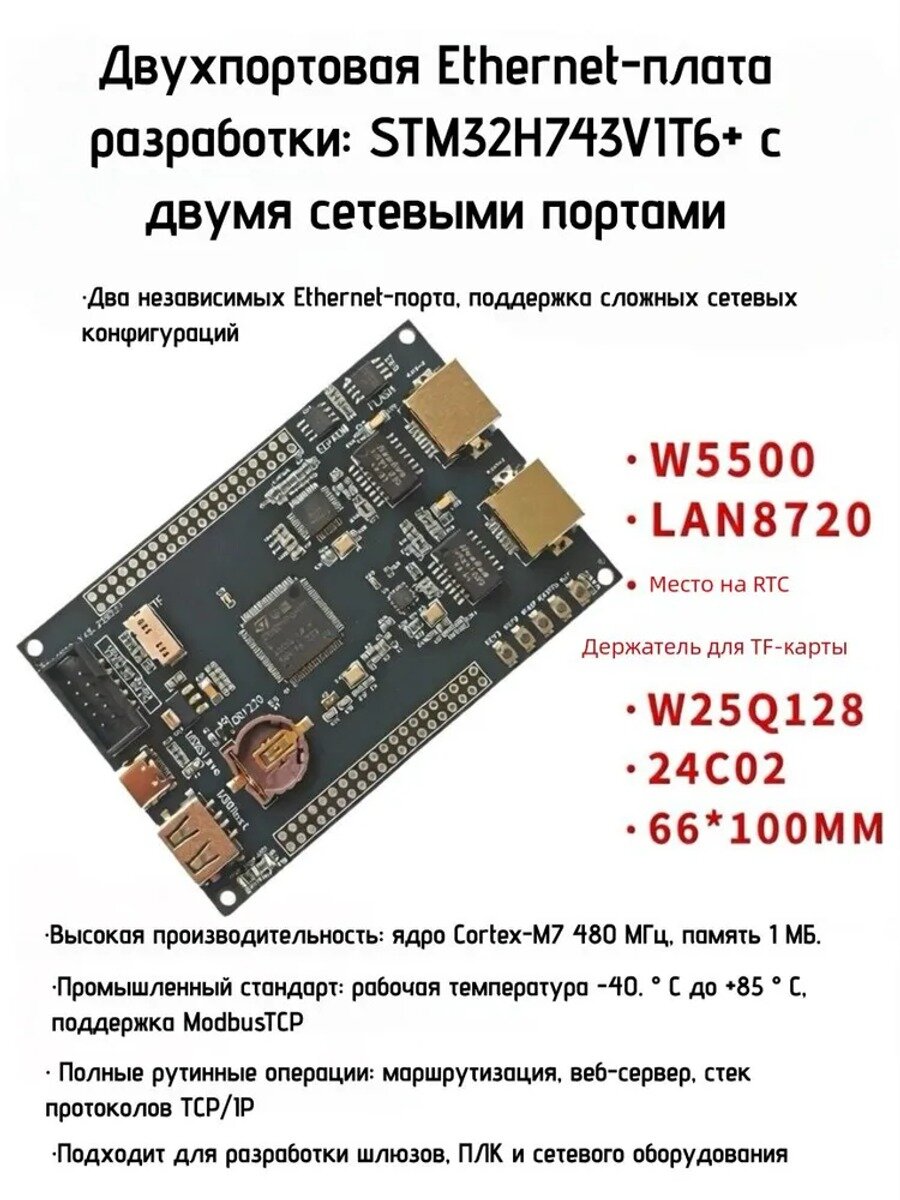 Плата разработчика на STM32H743VIT6 с двумя Ethernet-портами, основная модель серии
