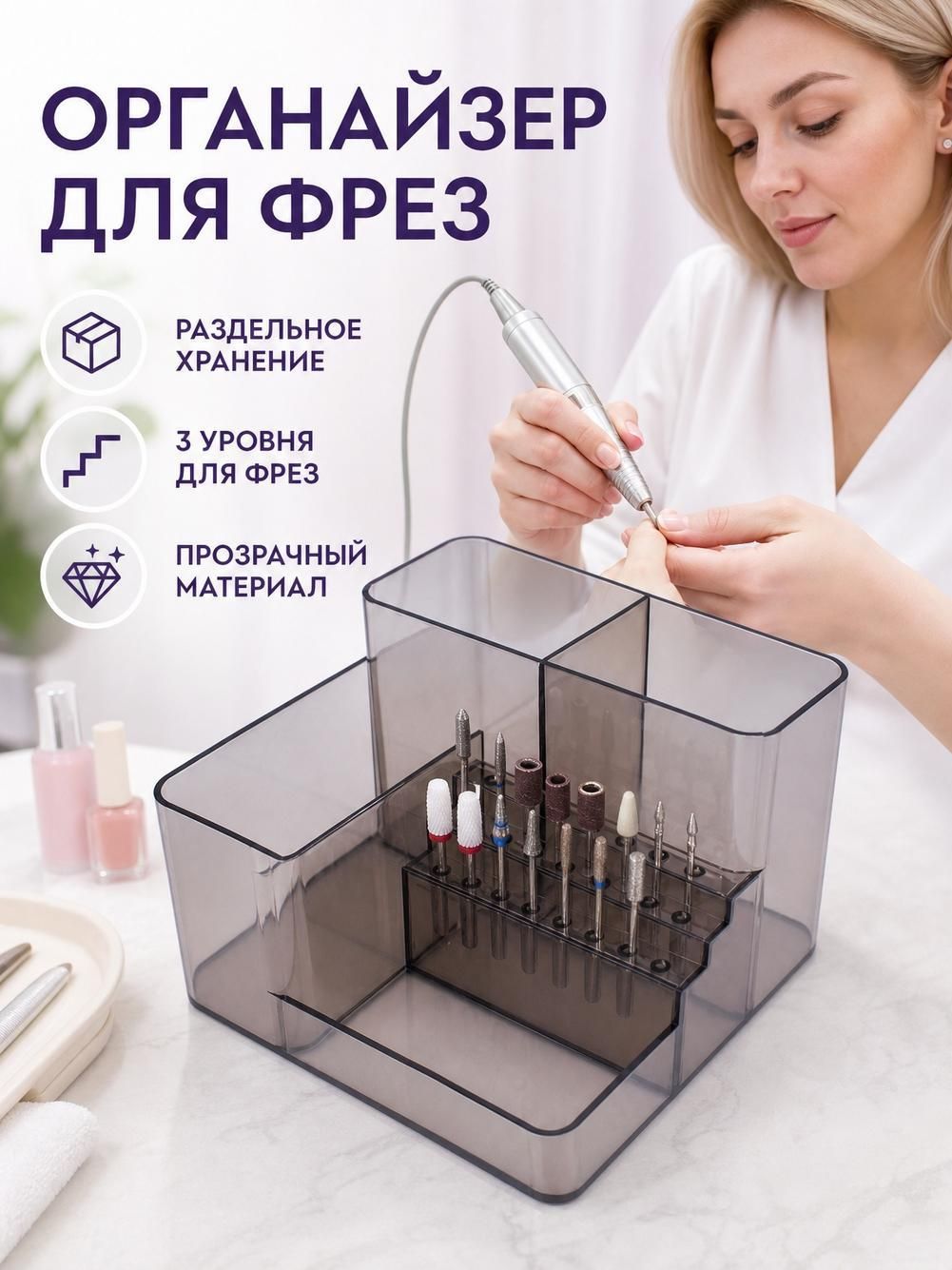 Органайзер для маникюра, пластиковый, с 4 отделениями, белый, 14 x 14 x 9 см