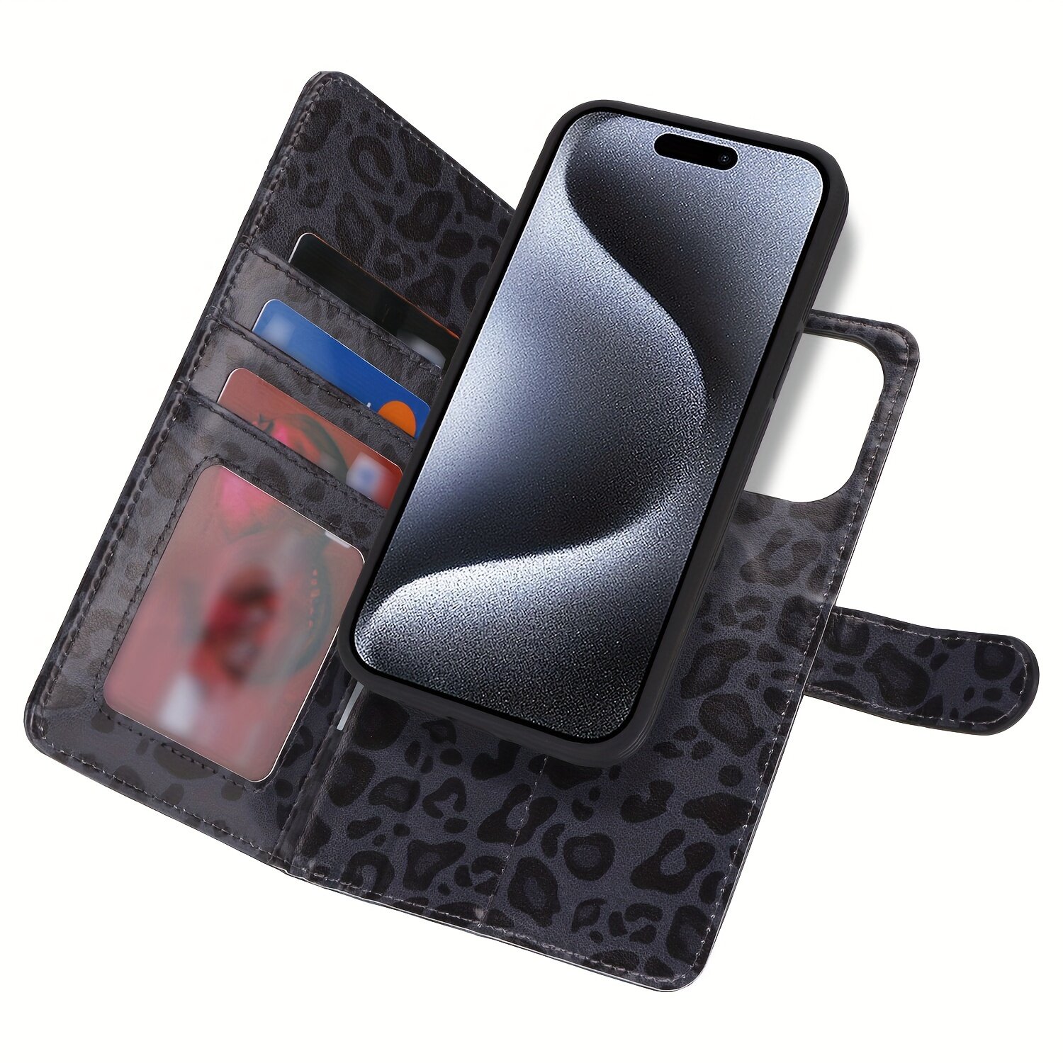 Чехол-кошелек из искусственной кожи 2-в-1 с RFID-защитой и слотом для карт, съемный, с магнитным креплением для беспроводной зарядки, темно-серый