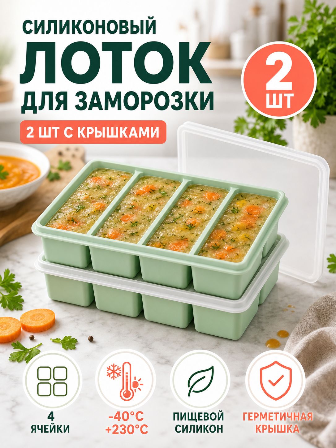 Форма для выпечки 4 яч. 15 см x 17.5 см 2 шт пищевой силикон прямоугольная антипригарное покрытие зеленый.