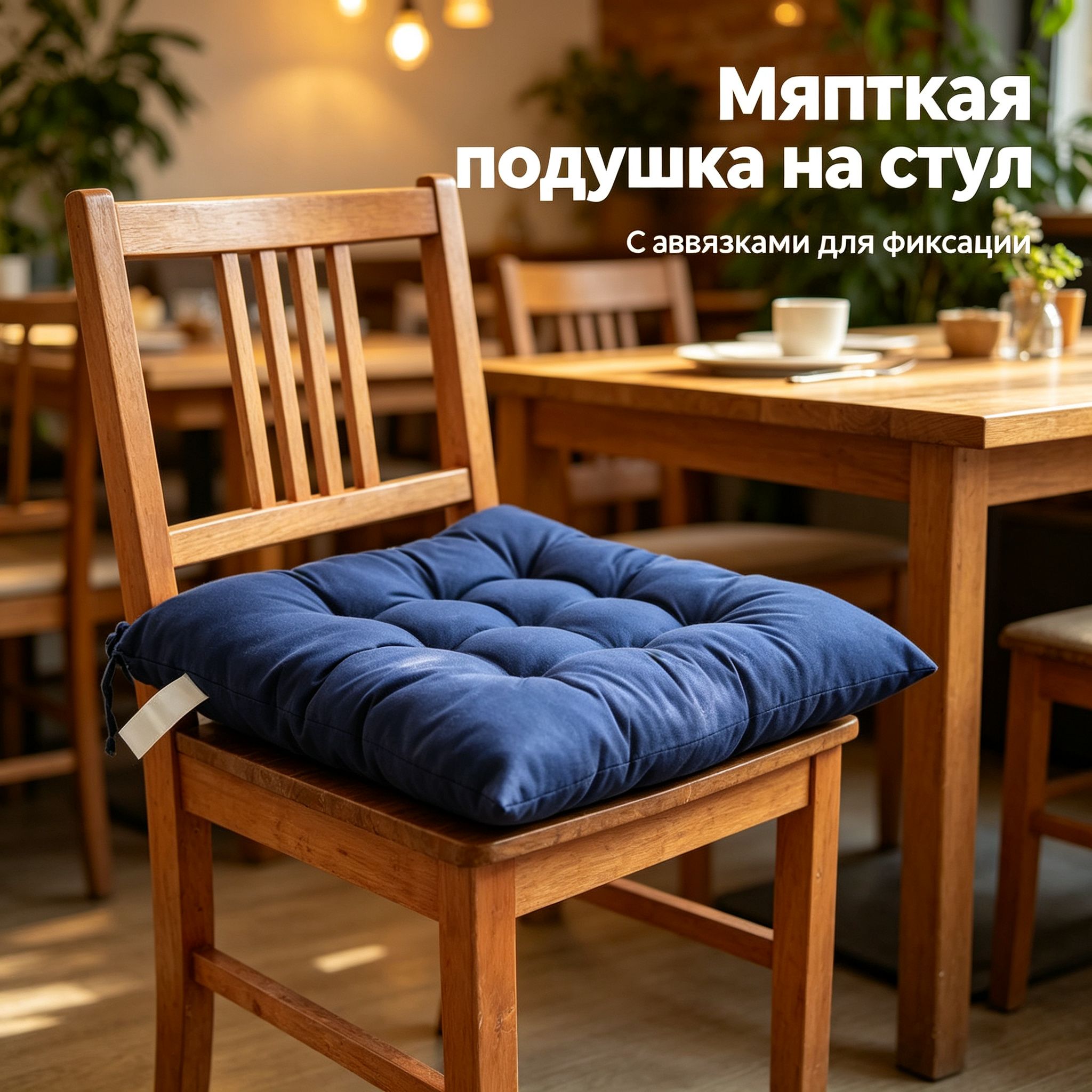Подушка на стул 40x40 см 2 шт на завязках полиэстер темно-синий