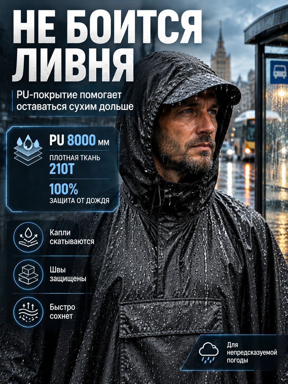 Плащ-дождевик Весна-лето 2026, размер 44-50, черный — фото 1