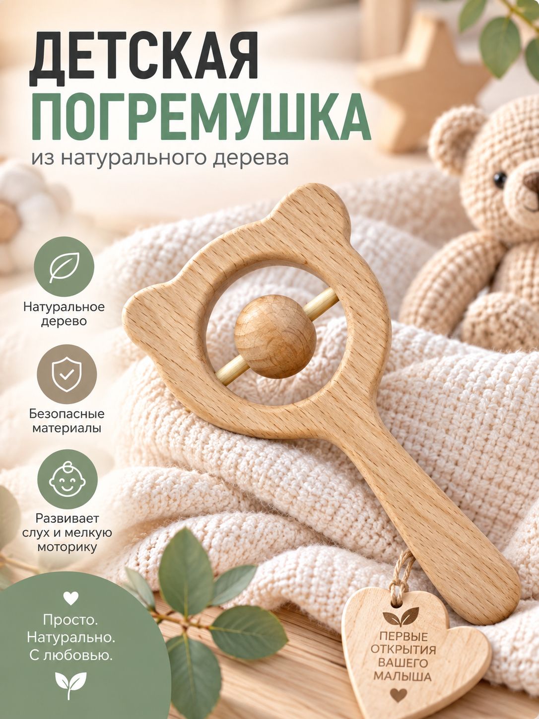 Погремушка деревянная из бука МИШКА-1