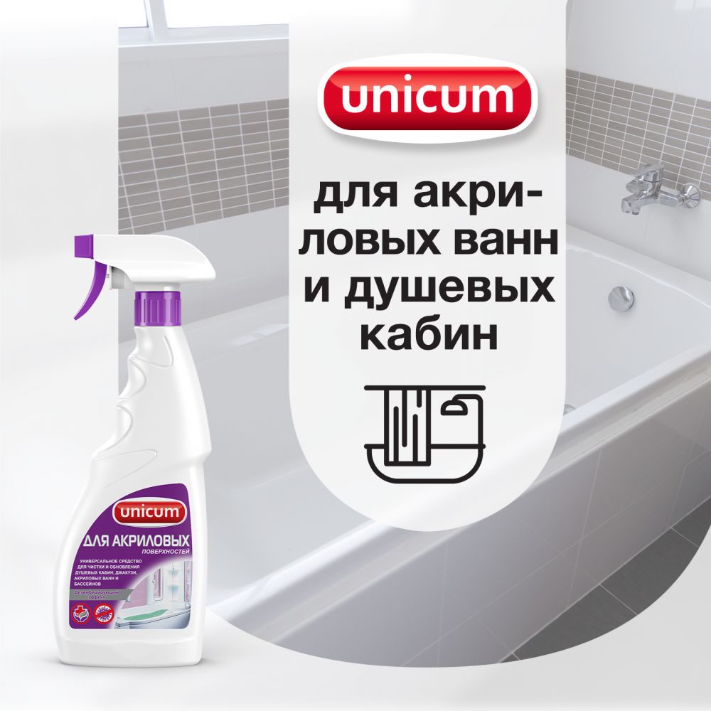 Средство UNICUM (Уникум) для Чистки Акриловой Ванны и Душевой Кабины, 500 мл.